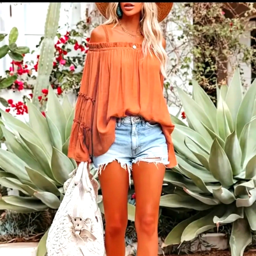 SOLD Orange spaghetti strap bare shoulder blouse w/ bell sleeves. - Picture 1 of 6